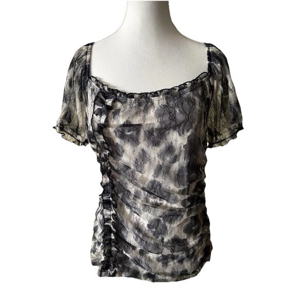 AB Studio Sheer Black Lace Ruched Top Size L Romantic Ruffle Mesh Overlay Goth - Picture 1 of 5
